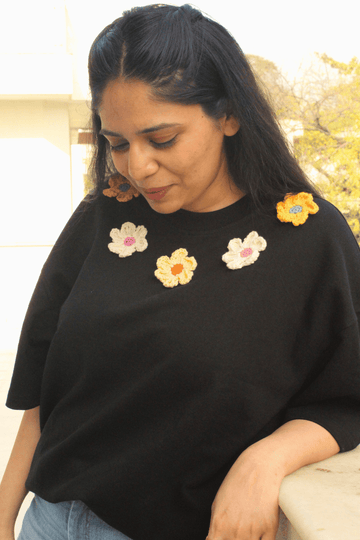 Garland of Flowers- Black Crochet Oversize tshirt