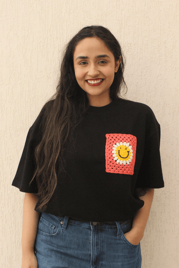 Smiley Black Crochet Oversize tshirt