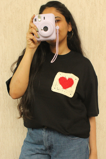 Heart Patch Black Crochet Oversize tshirt