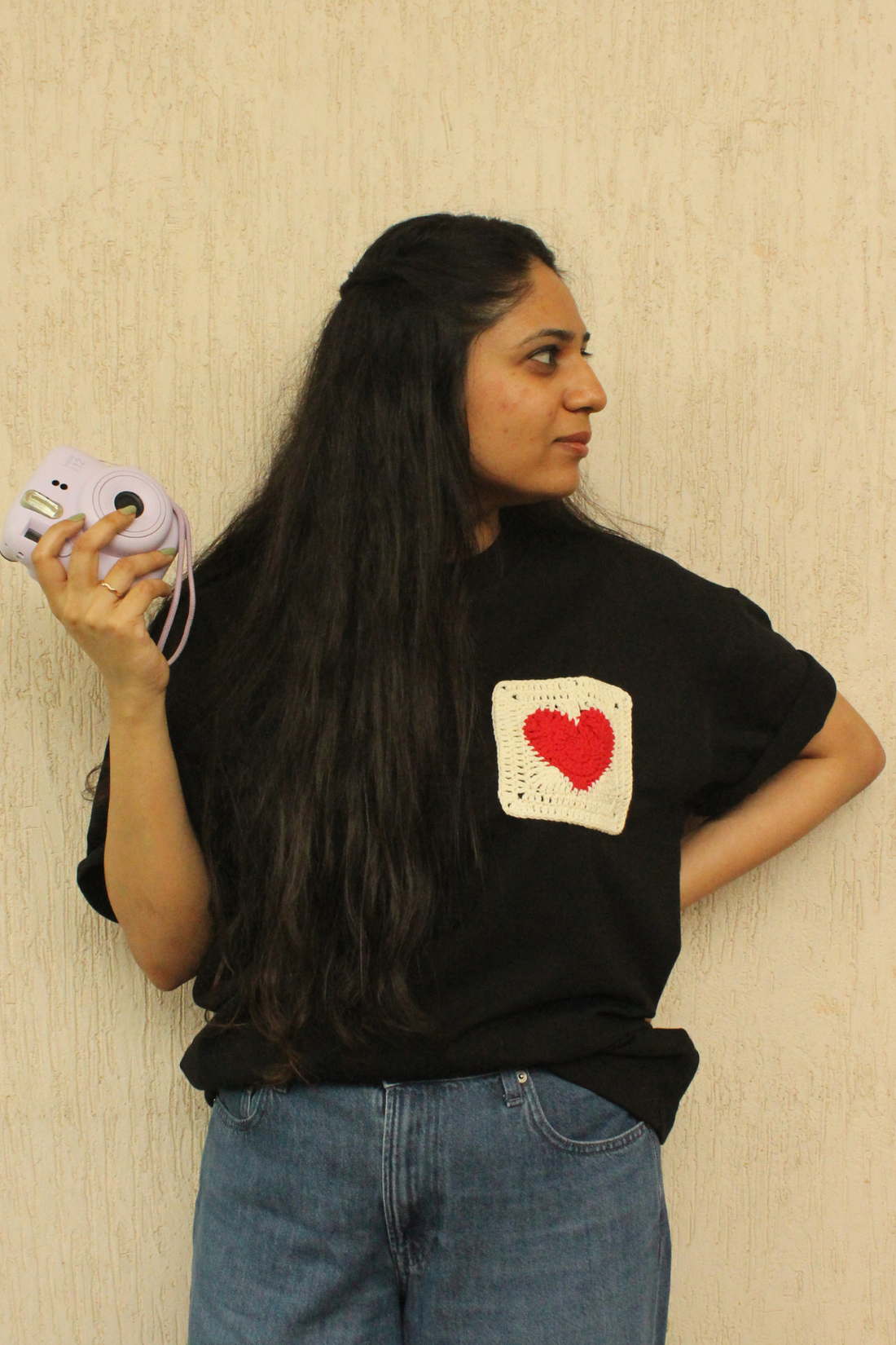 Heart Patch Black Crochet Oversize tshirt