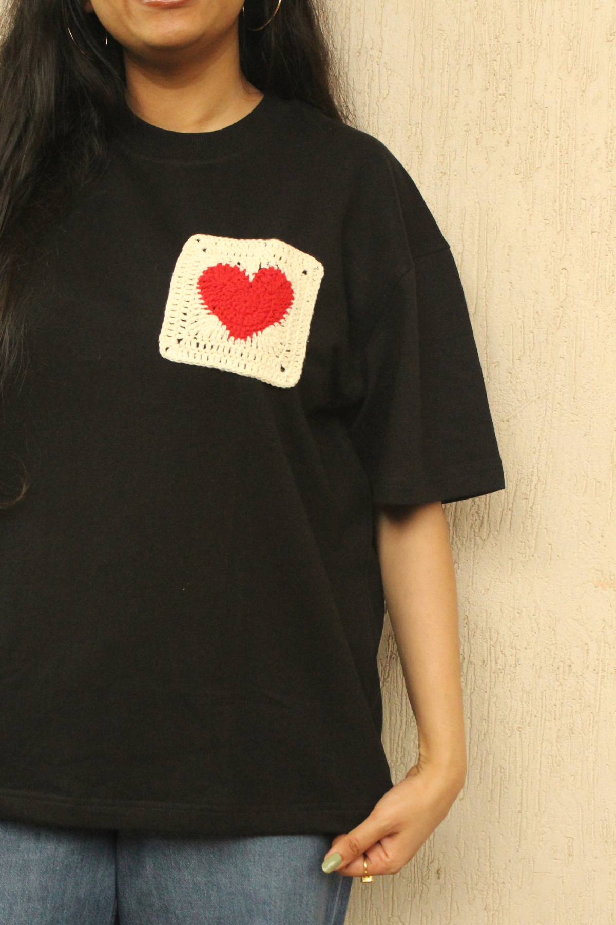 Heart Patch Black Crochet Oversize tshirt