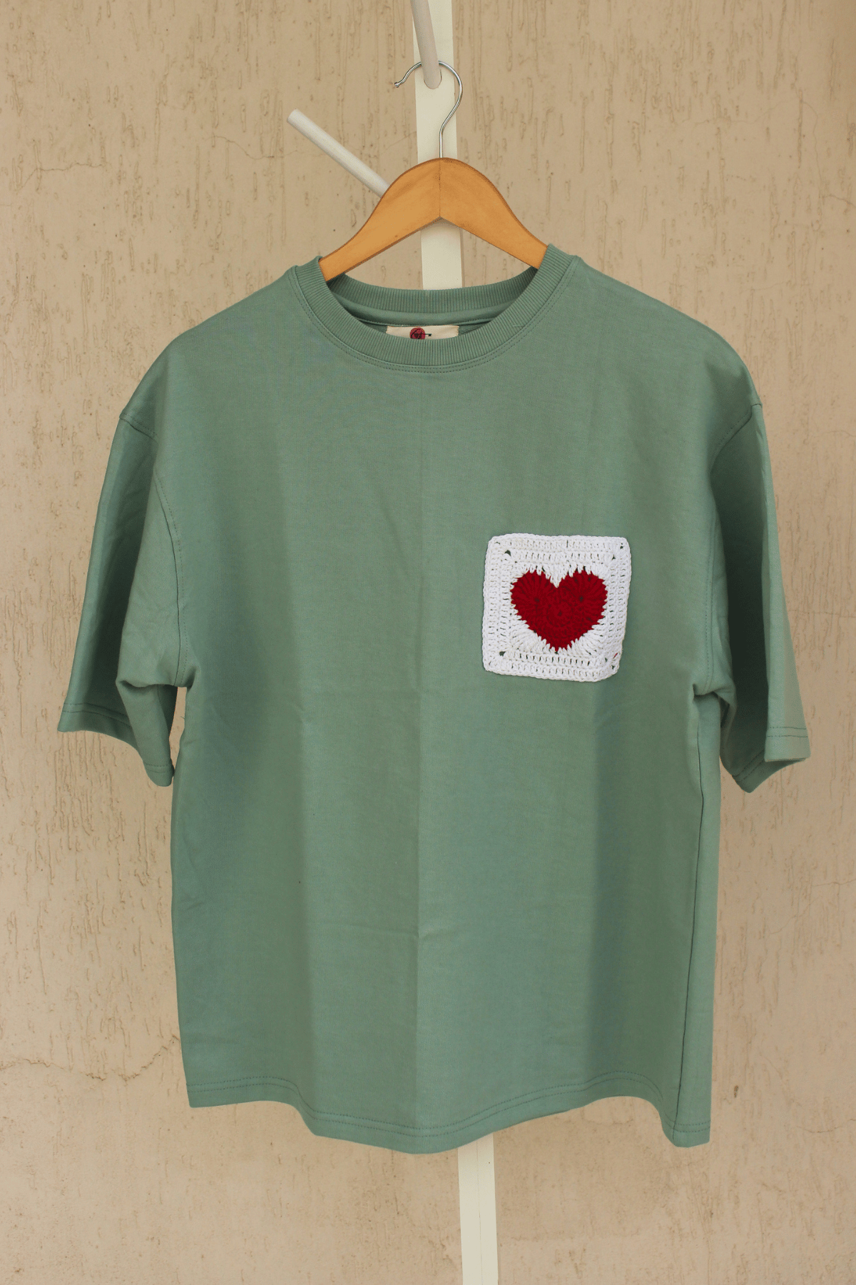 Heart Patch Green Crochet Oversize tshirt