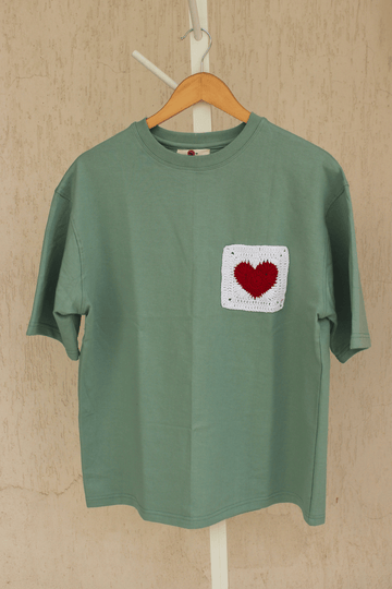 Heart Patch Green Crochet Oversize tshirt