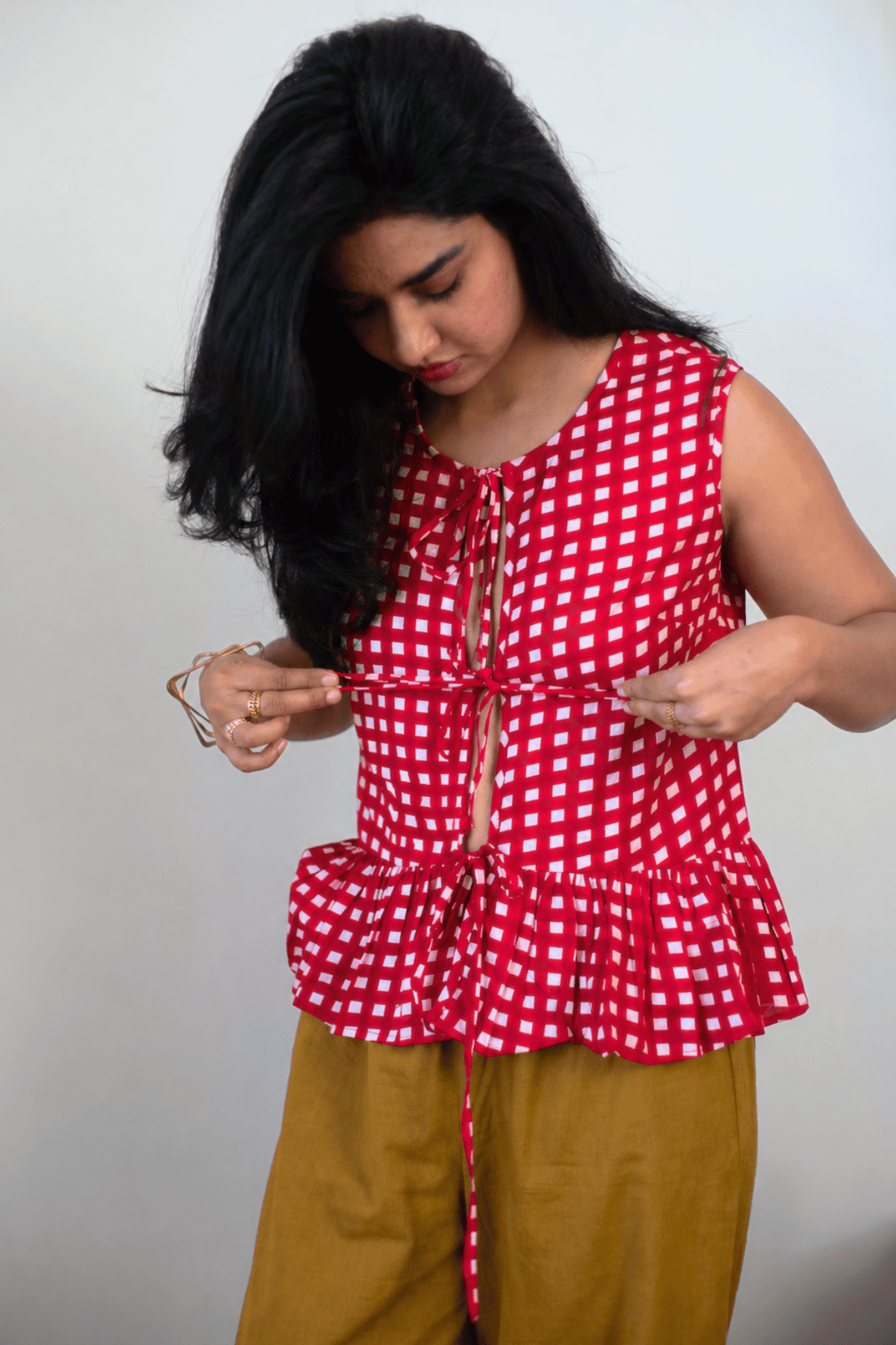 Suzu (鈴)- Gingham Tie Top